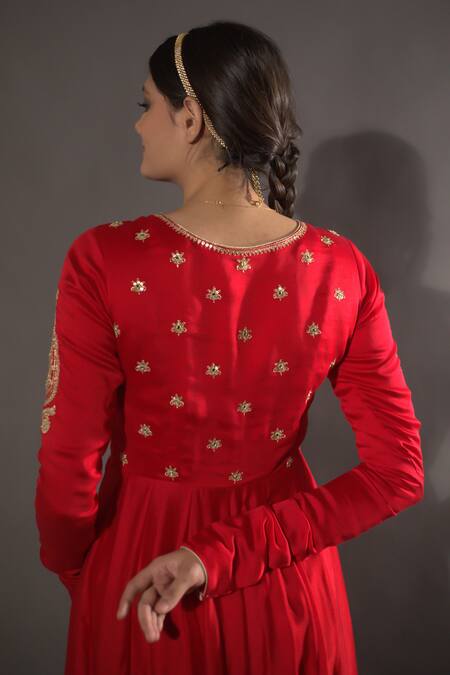 Shop_Vikabyarvindampula_Red Chanderi, Crepe, Cotton Sequins, Embroidery Round Neck Anarkali Pant Set _Online_at_Aza_Fashions