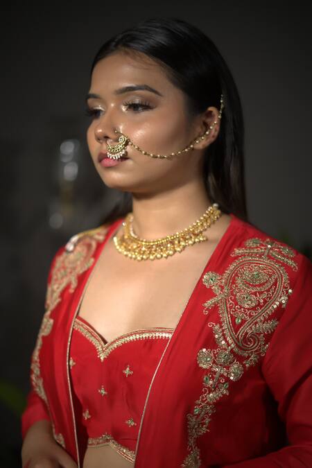 Vikabyarvindampula_Red Chanderi, Crepe, Cotton Sequins Sweetheart Neck, Embroidered Jacket Pant Set _Online_at_Aza_Fashions