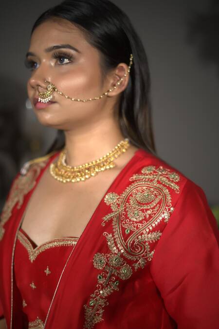 Buy_Vikabyarvindampula_Red Chanderi, Crepe, Cotton Sequins Sweetheart Neck, Embroidered Jacket Pant Set _Online_at_Aza_Fashions