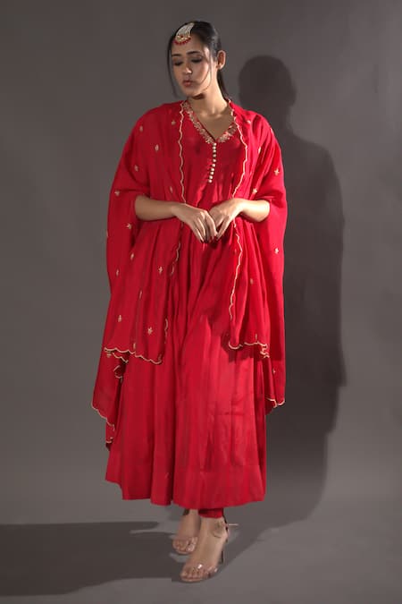 Buy Red Chanderi Hand Embroidered Sequins Jacket Shrug With Anarkali ...