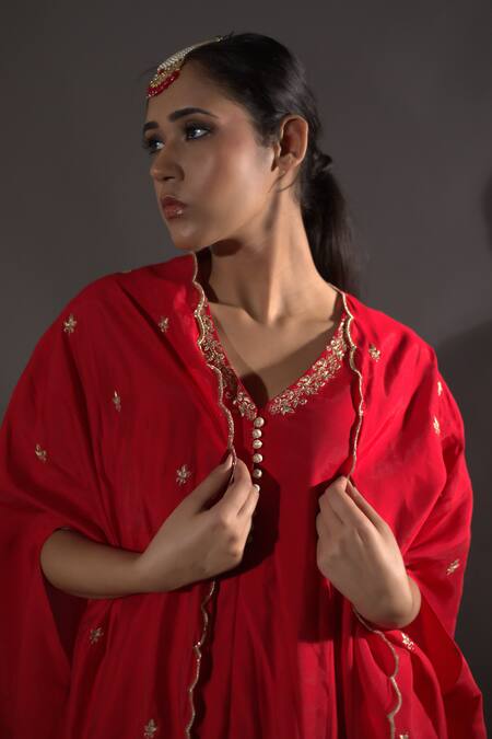 Vikabyarvindampula_Red Chanderi, Crepe, Cotton Embroidery, Sequins V-neck, Shrug With Anarkali Set _at_Aza_Fashions