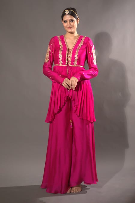 VikaByArvindAmpula Fuchsia Chanderi Hand Embroidered Sequins V Peplum Top And Sharara Set  