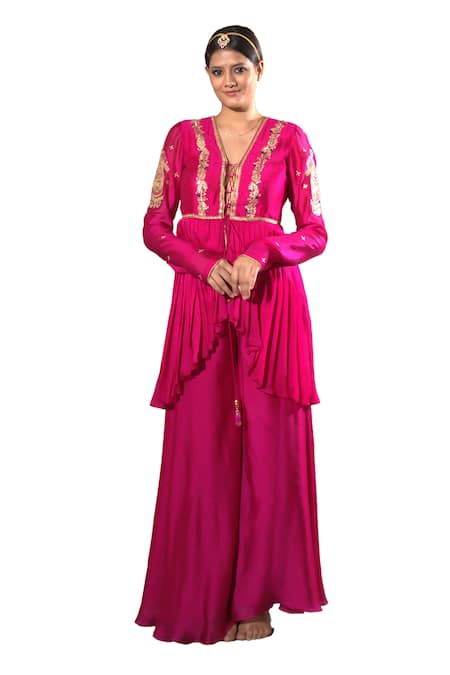 Vikabyarvindampula_Fuchsia Chanderi, Crepe, Cotton Embroidery, Sequins Peplum Top And Sharara Set _Online_at_Aza_Fashions