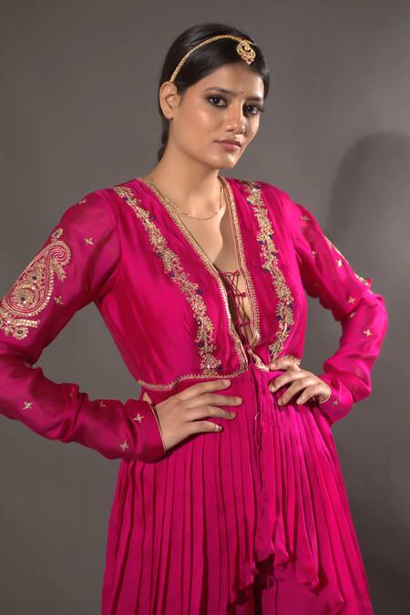 Buy_Vikabyarvindampula_Fuchsia Chanderi, Crepe, Cotton Embroidery, Sequins Peplum Top And Sharara Set _Online_at_Aza_Fashions