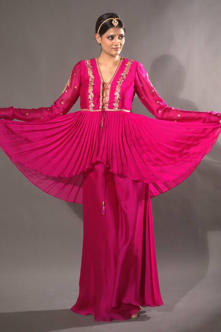Shop_Vikabyarvindampula_Fuchsia Chanderi, Crepe, Cotton Embroidery, Sequins Peplum Top And Sharara Set _Online_at_Aza_Fashions