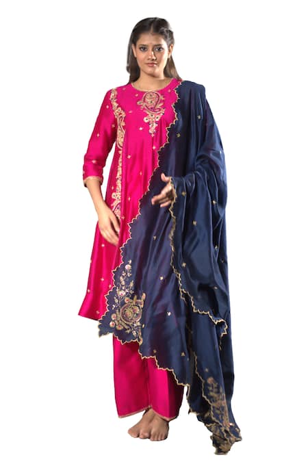 Buy Vikabyarvindampula Fuchsia Chanderi, Crepe, Cotton Sequins Round Hand Embroidered Kurta Pant Set Online at Aza Fashions Buy_Vikabyarvindampula_Fuchsia Chanderi, Crepe, Cotton Sequins Round Hand Embroidered Kurta Pant Set _Online_at_Aza_Fashions