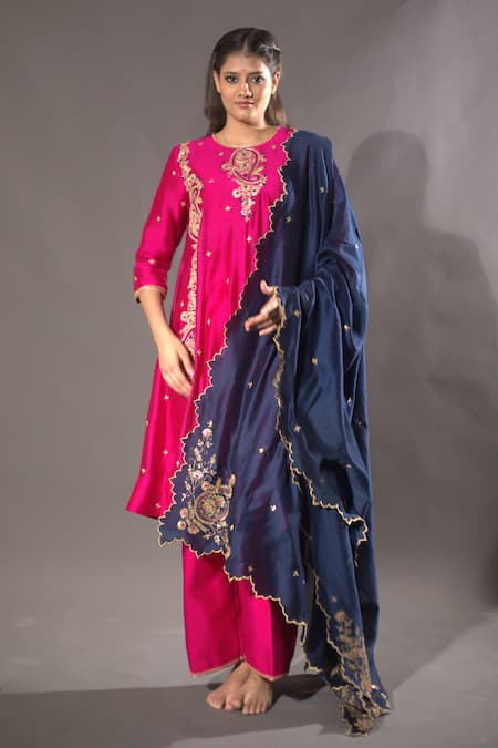Shop Vikabyarvindampula Fuchsia Chanderi, Crepe, Cotton Sequins Round Hand Embroidered Kurta Pant Set Online at Aza Fashions Shop_Vikabyarvindampula_Fuchsia Chanderi, Crepe, Cotton Sequins Round Hand Embroidered Kurta Pant Set _Online_at_Aza_Fashions