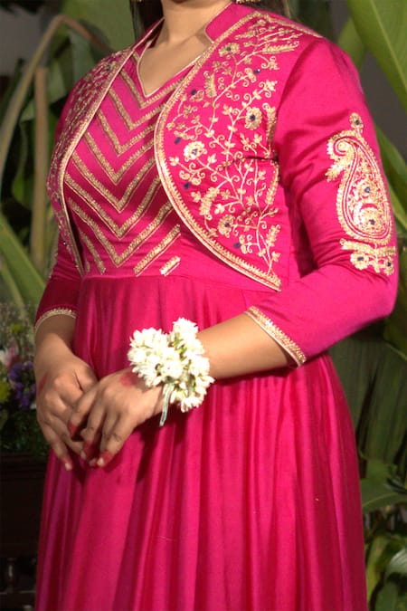 Vikabyarvindampula Fuchsia Chanderi, Crepe, Cotton Embroidery, Yoke Jacket With Anarkali Set Online at Aza Fashions Vikabyarvindampula_Fuchsia Chanderi, Crepe, Cotton Embroidery, Yoke Jacket With Anarkali Set _Online_at_Aza_Fashions