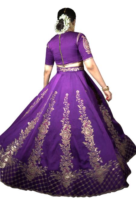 Vikabyarvindampula Purple Chanderi, Linen, Cotton Sequins, Embroidery Round Neck Lehenga Set Online at Aza Fashions Vikabyarvindampula_Purple Chanderi, Linen, Cotton Sequins, Embroidery Round Neck Lehenga Set _Online_at_Aza_Fashions