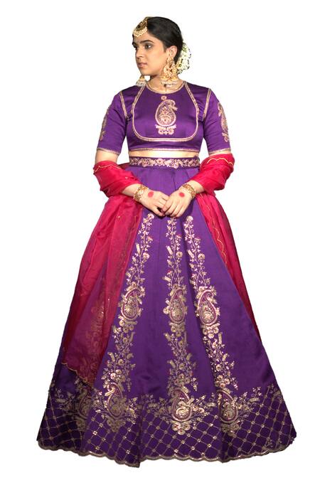Buy Vikabyarvindampula Purple Chanderi, Linen, Cotton Sequins, Embroidery Round Neck Lehenga Set Online at Aza Fashions Buy_Vikabyarvindampula_Purple Chanderi, Linen, Cotton Sequins, Embroidery Round Neck Lehenga Set _Online_at_Aza_Fashions