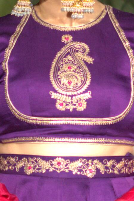 Shop Vikabyarvindampula Purple Chanderi, Linen, Cotton Sequins, Embroidery Round Neck Lehenga Set Online at Aza Fashions Shop_Vikabyarvindampula_Purple Chanderi, Linen, Cotton Sequins, Embroidery Round Neck Lehenga Set _Online_at_Aza_Fashions