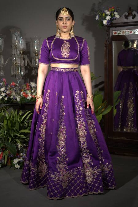 Vikabyarvindampula Purple Chanderi, Linen, Cotton Sequins, Embroidery Round Neck Lehenga Set at Aza Fashions Vikabyarvindampula_Purple Chanderi, Linen, Cotton Sequins, Embroidery Round Neck Lehenga Set _at_Aza_Fashions