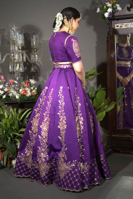 Buy Vikabyarvindampula Purple Chanderi, Linen, Cotton Sequins, Embroidery Round Neck Lehenga Set Buy_Vikabyarvindampula_Purple Chanderi, Linen, Cotton Sequins, Embroidery Round Neck Lehenga Set