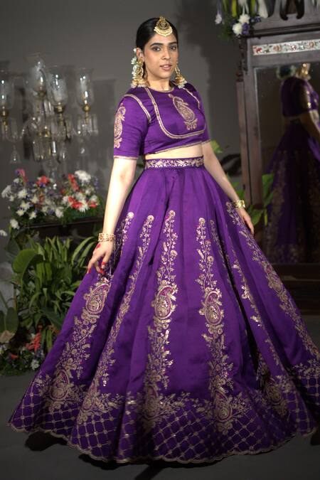 Shop Vikabyarvindampula Purple Chanderi, Linen, Cotton Sequins, Embroidery Round Neck Lehenga Set Shop_Vikabyarvindampula_Purple Chanderi, Linen, Cotton Sequins, Embroidery Round Neck Lehenga Set