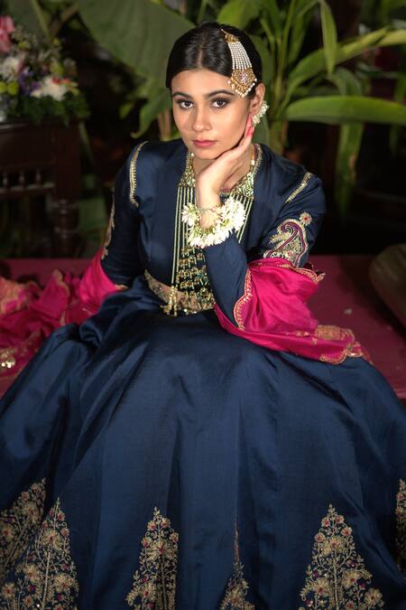 Vikabyarvindampula Blue Chanderi, Linen, Crepe Sequins Round Hand Embroidered Blouse Lehenga Set Online at Aza Fashions Vikabyarvindampula_Blue Chanderi, Linen, Crepe Sequins Round Hand Embroidered Blouse Lehenga Set _Online_at_Aza_Fashions