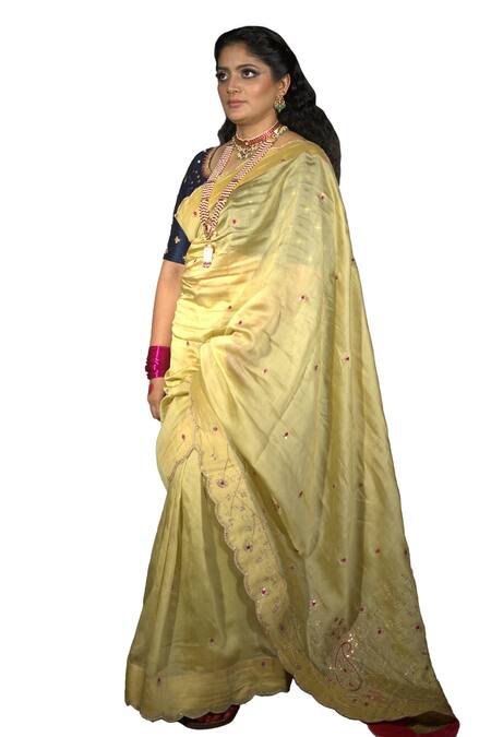 Vikabyarvindampula_Green Chanderi, Cotton, Crepe Sequins Round Neck Embroidered Saree With Blouse _Online_at_Aza_Fashions