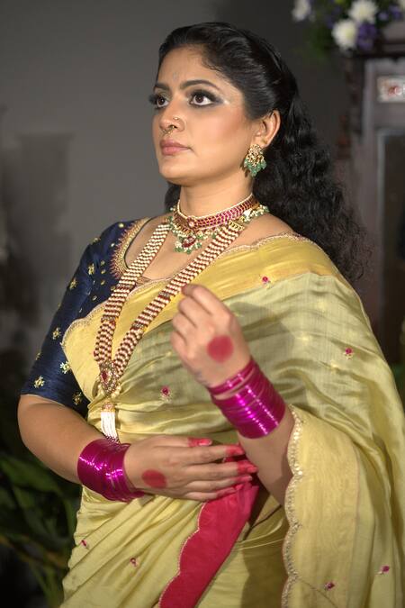 Buy_Vikabyarvindampula_Green Chanderi, Cotton, Crepe Sequins Round Neck Embroidered Saree With Blouse _Online_at_Aza_Fashions