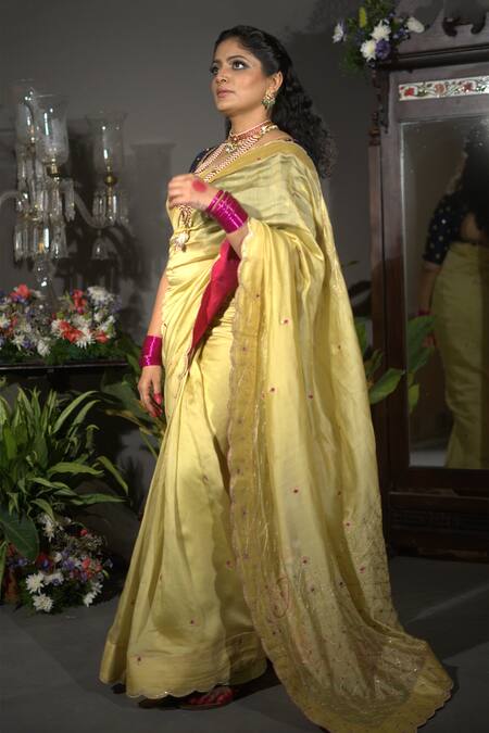 Shop_Vikabyarvindampula_Green Chanderi, Cotton, Crepe Sequins Round Neck Embroidered Saree With Blouse _Online_at_Aza_Fashions