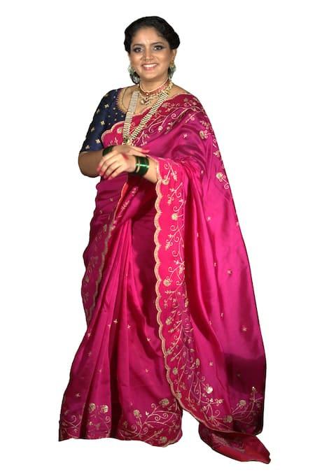 Vikabyarvindampula_Fuchsia Chanderi, Crepe, Cotton Sequins, Embroidery Hand Saree With Blouse _Online_at_Aza_Fashions