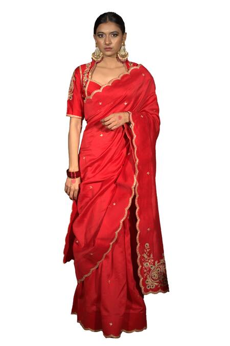 Vikabyarvindampula_Red Chanderi, Crepe, Cotton Sequins Sweetheart Embroidered Saree With Blouse _Online_at_Aza_Fashions