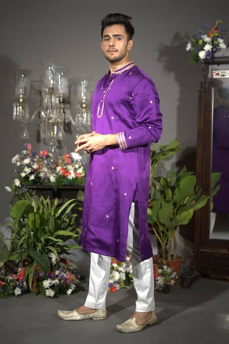 Shop_Vikabyarvindampula_Blue Chanderi, Crepe, Cotton Embroidery, Sequins Kurta _Online_at_Aza_Fashions