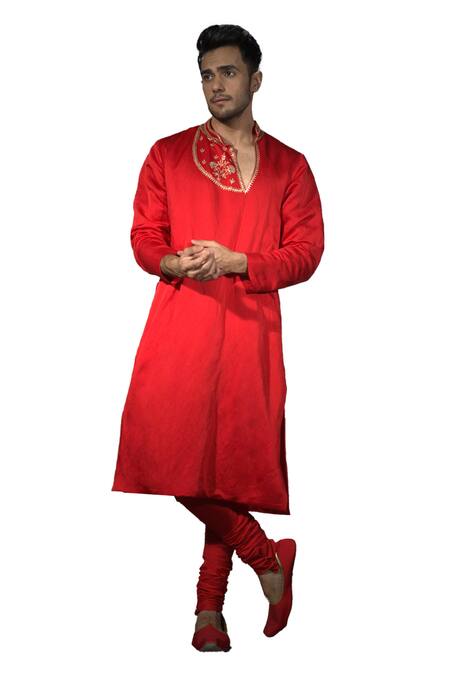 Vikabyarvindampula_Red Chanderi, Crepe, Cotton Embroidery Sequins Hand Kurta _Online_at_Aza_Fashions