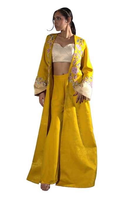 Vikabyarvindampula_Yellow Open Neck Floral Embroidered Overcoat Pant Set _Online_at_Aza_Fashions