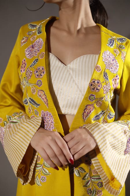 Shop_Vikabyarvindampula_Yellow Open Neck Floral Embroidered Overcoat Pant Set _Online_at_Aza_Fashions