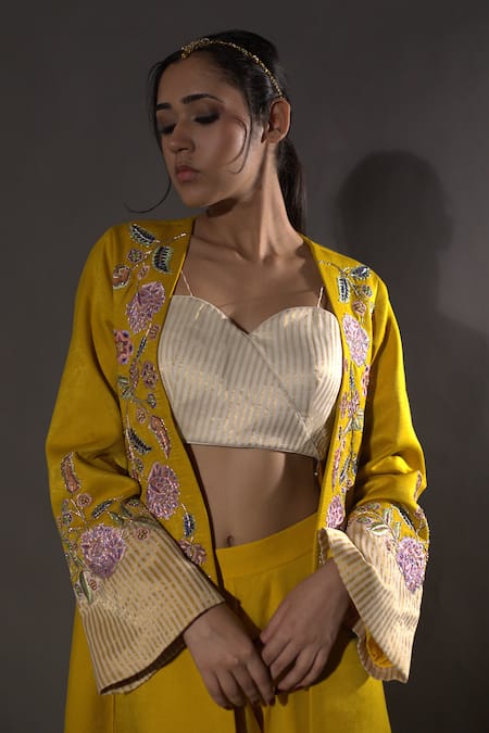 Vikabyarvindampula_Yellow Open Neck Floral Embroidered Overcoat Pant Set _at_Aza_Fashions
