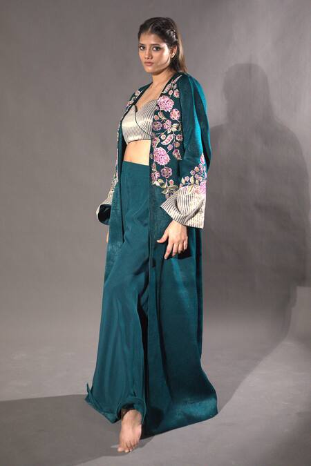 Shop Vikabyarvindampula Green Velvet, Chanderi, Organza Embroidery Floral Blossom Overcoat Pant Set at Aza Fashions Shop_Vikabyarvindampula_Green Velvet, Chanderi, Organza Embroidery Floral Blossom Overcoat Pant Set_at_Aza_Fashions
