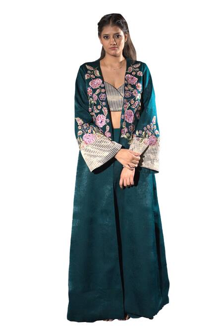 Vikabyarvindampula Green Velvet, Chanderi, Organza Embroidery Floral Blossom Overcoat Pant Set Online at Aza Fashions Vikabyarvindampula_Green Velvet, Chanderi, Organza Embroidery Floral Blossom Overcoat Pant Set_Online_at_Aza_Fashions