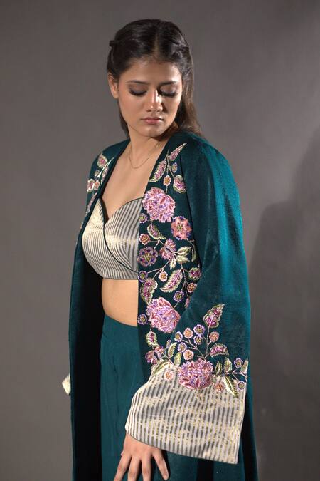 Buy Vikabyarvindampula Green Velvet, Chanderi, Organza Embroidery Floral Blossom Overcoat Pant Set Online at Aza Fashions Buy_Vikabyarvindampula_Green Velvet, Chanderi, Organza Embroidery Floral Blossom Overcoat Pant Set_Online_at_Aza_Fashions