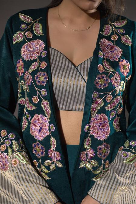 Shop Vikabyarvindampula Green Velvet, Chanderi, Organza Embroidery Floral Blossom Overcoat Pant Set Online at Aza Fashions Shop_Vikabyarvindampula_Green Velvet, Chanderi, Organza Embroidery Floral Blossom Overcoat Pant Set_Online_at_Aza_Fashions