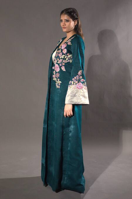 Vikabyarvindampula Green Velvet, Chanderi, Organza Embroidery Floral Blossom Overcoat Pant Set at Aza Fashions Vikabyarvindampula_Green Velvet, Chanderi, Organza Embroidery Floral Blossom Overcoat Pant Set_at_Aza_Fashions