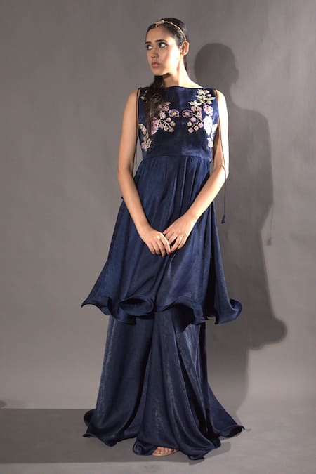 VikaByArvindAmpula Blue Velvet Embroidery Floral Round Neck Tunic With Sharara  