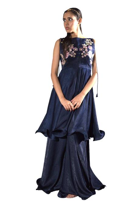 Vikabyarvindampula Blue Velvet, Chanderi, Organza Embroidery Round Neck Floral Tunic With Sharara Online at Aza Fashions Vikabyarvindampula_Blue Velvet, Chanderi, Organza Embroidery Round Neck Floral Tunic With Sharara _Online_at_Aza_Fashions