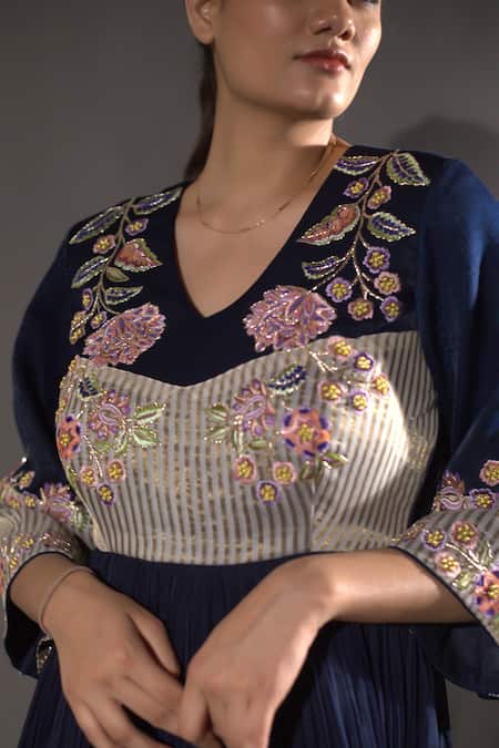 Vikabyarvindampula Blue Velvet, Chanderi, Organza, Cotton Embroidery V-neck Floral Anarkali at Aza Fashions Vikabyarvindampula_Blue Velvet, Chanderi, Organza, Cotton Embroidery V-neck Floral Anarkali _at_Aza_Fashions