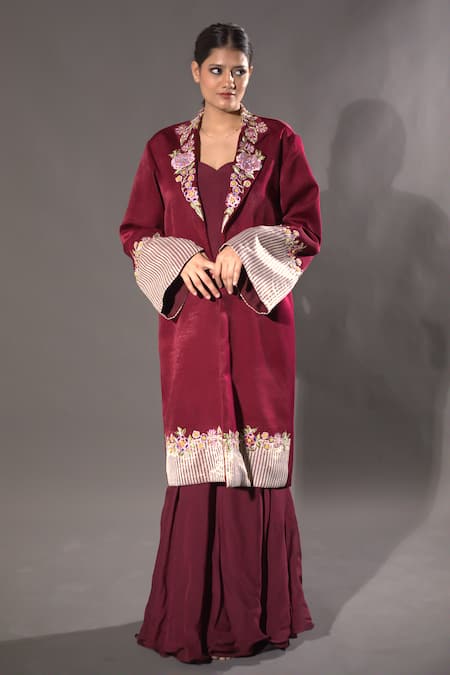 VikaByArvindAmpula Maroon Velvet Placement Embroidery Floral Lapel Trench Coat With Gown 