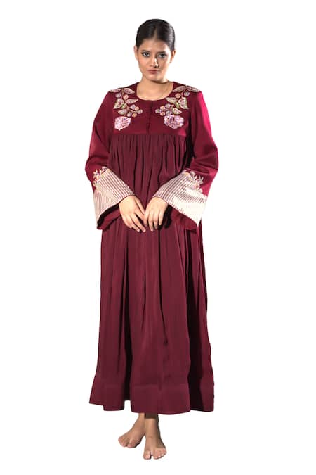 Vikabyarvindampula_Maroon Velvet, Chanderi, Organza, Cotton Embroidery Floral Bodice Anarkali _Online_at_Aza_Fashions
