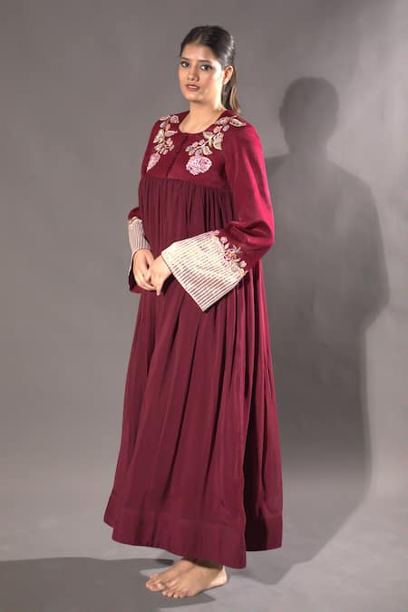 Shop_Vikabyarvindampula_Maroon Velvet, Chanderi, Organza, Cotton Embroidery Floral Bodice Anarkali _Online_at_Aza_Fashions