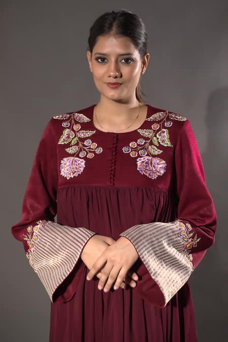 Vikabyarvindampula_Maroon Velvet, Chanderi, Organza, Cotton Embroidery Floral Bodice Anarkali _at_Aza_Fashions
