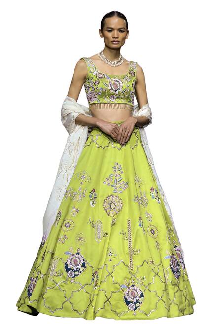 Vikabyarvindampula_Green Cotton, Crepe, Organza, Linen Floral Bloom Embroidered Lehenga Set _Online_at_Aza_Fashions