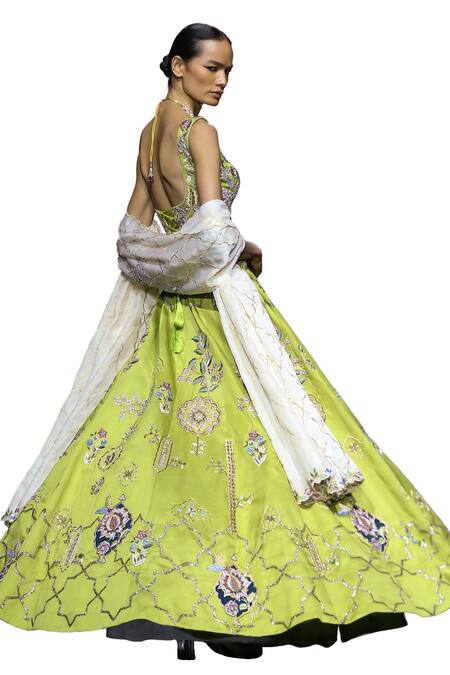 Buy_Vikabyarvindampula_Green Cotton, Crepe, Organza, Linen Floral Bloom Embroidered Lehenga Set _Online_at_Aza_Fashions