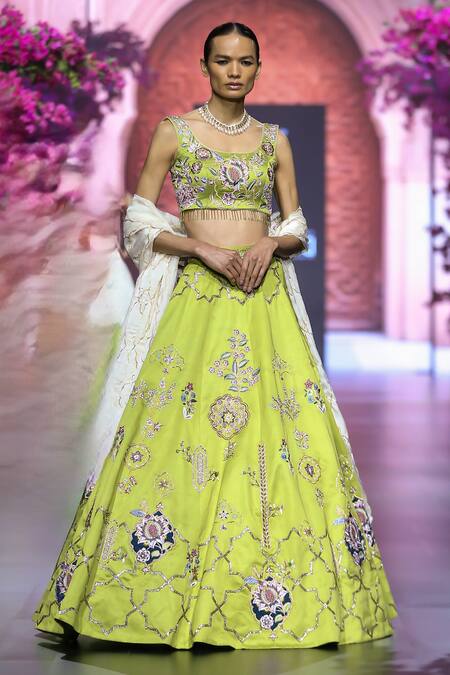 Shop_Vikabyarvindampula_Green Cotton, Crepe, Organza, Linen Floral Bloom Embroidered Lehenga Set _Online_at_Aza_Fashions