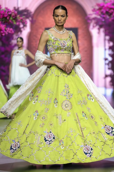 Vikabyarvindampula_Green Cotton, Crepe, Organza, Linen Floral Bloom Embroidered Lehenga Set _at_Aza_Fashions