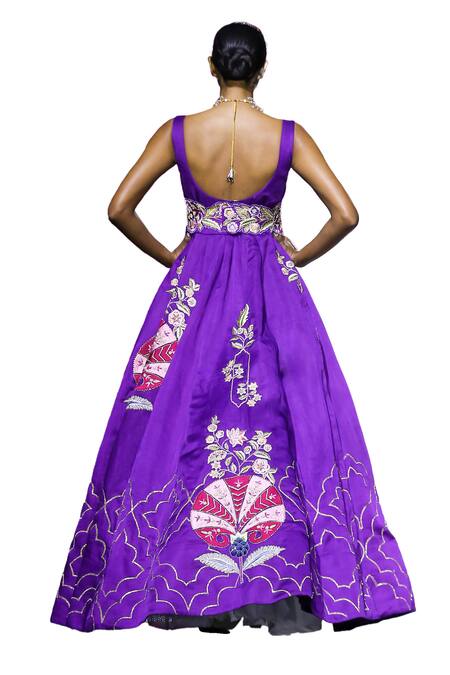 Vikabyarvindampula Purple Cotton, Linen Embroidery, Beads Scoop Neck Hand Gown Online at Aza Fashions Vikabyarvindampula_Purple Cotton, Linen Embroidery, Beads Scoop Neck Hand Gown _Online_at_Aza_Fashions