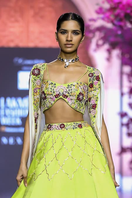 Buy Vikabyarvindampula Green Cotton, Organza, Crepe Embroidery Sweetheart Neck Floral Lehenga Cape Set Online at Aza Fashions Buy_Vikabyarvindampula_Green Cotton, Organza, Crepe Embroidery Sweetheart Neck Floral Lehenga Cape Set _Online_at_Aza_Fashions