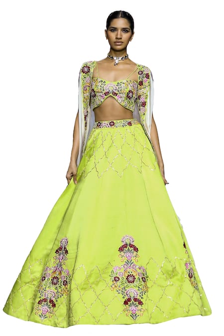 Shop Vikabyarvindampula Green Cotton, Organza, Crepe Embroidery Sweetheart Neck Floral Lehenga Cape Set Online at Aza Fashions Shop_Vikabyarvindampula_Green Cotton, Organza, Crepe Embroidery Sweetheart Neck Floral Lehenga Cape Set _Online_at_Aza_Fashions