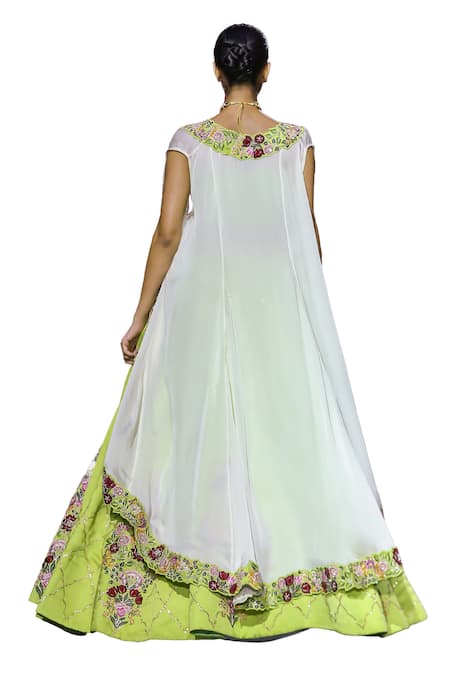Buy Vikabyarvindampula Green Cotton, Organza, Crepe Embroidery Sweetheart Neck Floral Lehenga Cape Set Buy_Vikabyarvindampula_Green Cotton, Organza, Crepe Embroidery Sweetheart Neck Floral Lehenga Cape Set