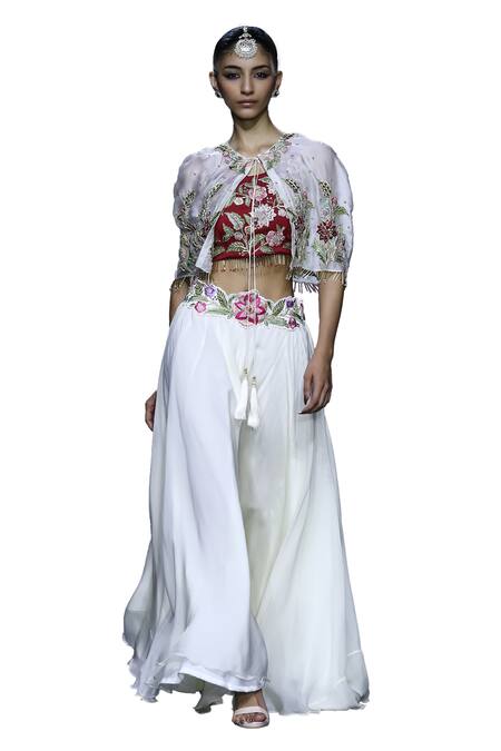 Vikabyarvindampula_Ivory Organza, Linen, Cotton, Satin Tassels, Floral Poncho Coat Palazzo Set _Online_at_Aza_Fashions